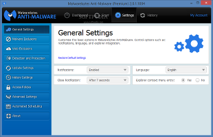 Showing the Malwarebytes Anti-Malware Premium program settings